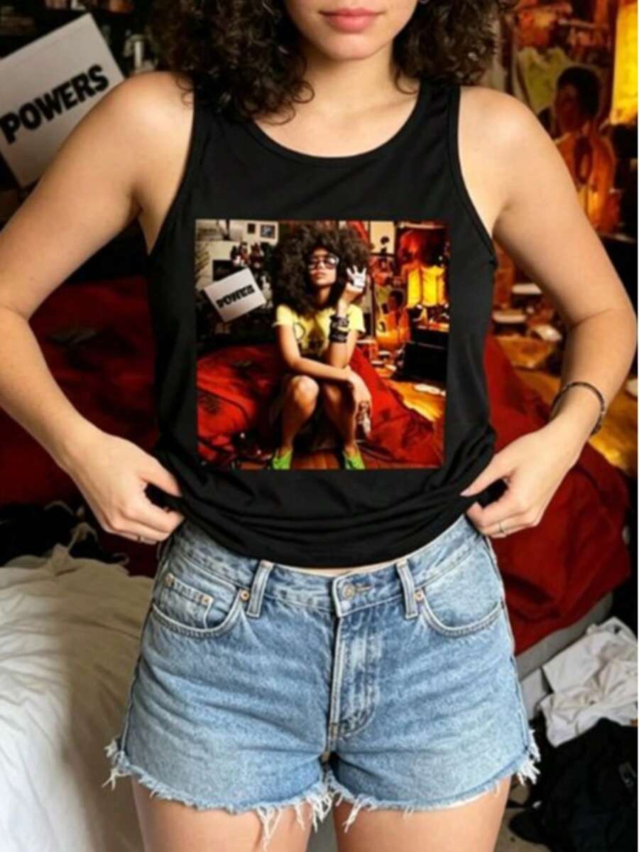 Erykah Badu Retro Print Sleeveless Top, Casual Tank Top For Women, Summer Outfits For Women - 黑色5 - 查看 1