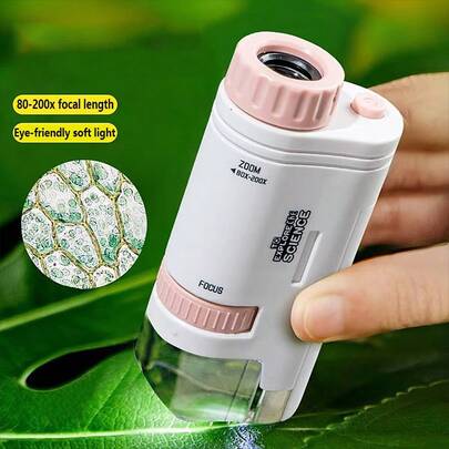 1pc Kids Portable Microscope Magnifier 80-200X Focus Optical Research Science Educational Toy Outdoor Exploration Learning Children Christmas Gift