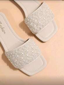 Gentle Pearl Rhinestone Square Toe Slide Sandals For Women, Summer Vacation Beach Outdoor Flat Slippers - Beige - View 4