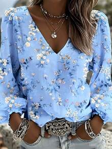 1pc Women's Vintage Western Style Elegant Casual V-Neck Long Sleeve Polyester Ditsy Floral Blouse, Bohemian Lantern Sleeve Design Simple Comfortable Machine Washable, Suitable For Spring Summer Autumn Home Daily Wear Vacation Travel - Blue Flowers - View 1