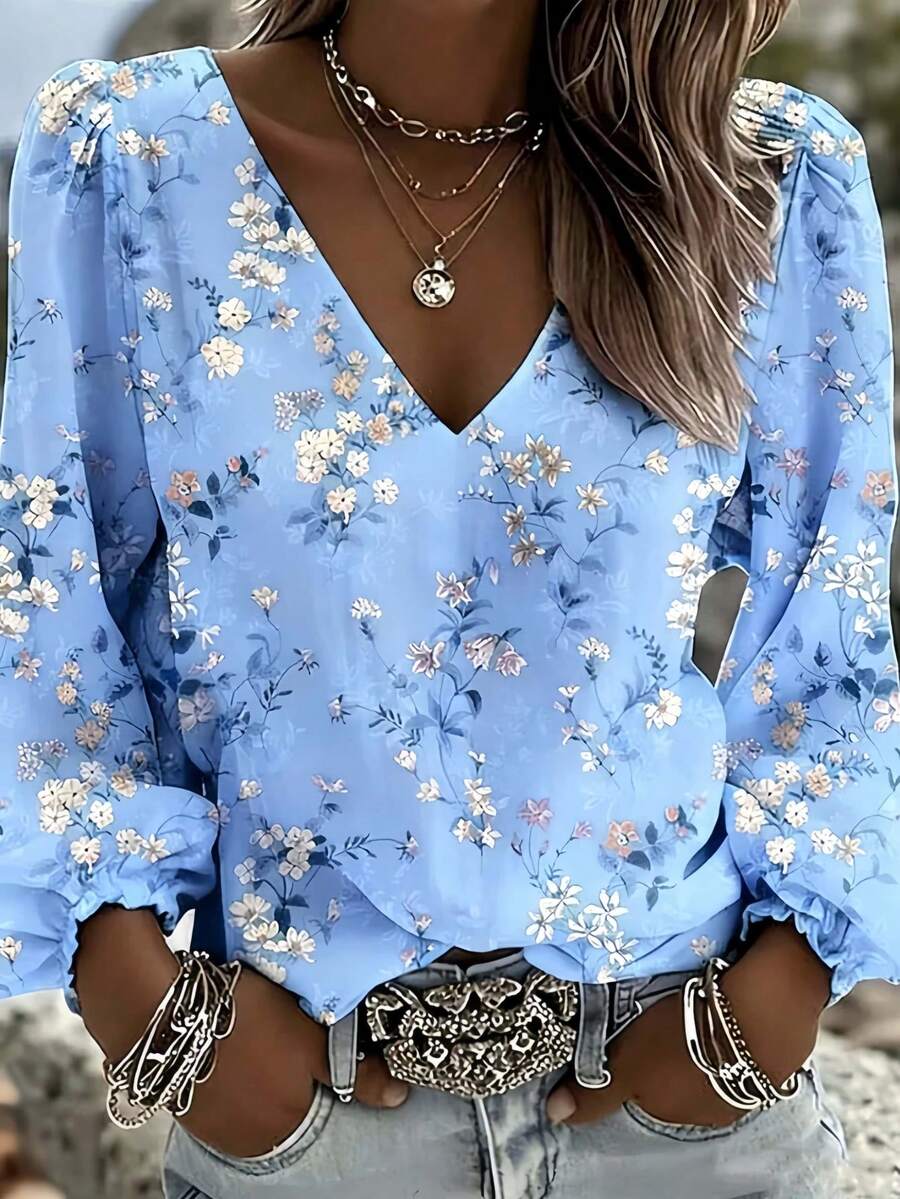 1pc Women's Vintage Western Style Elegant Casual V-Neck Long Sleeve Polyester Ditsy Floral Blouse, Bohemian Lantern Sleeve Design Simple Comfortable Machine Washable, Suitable For Spring Summer Autumn Home Daily Wear Vacation Travel - Blue Flowers - View 1