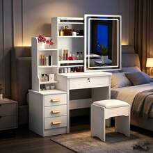 White Vanity Desk With LED Mirror & Stool - 3-Color Adjustable Lighting Makeup Table, Sliding Mirror Dressing Table With Storage Shelves & Drawers For Bedroom (Gift For Girls, Christmas/Birthday) - White - View 2