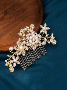 1 Set (2pcs) Silver & Gold Elegant Lady Princess Bridal Hair Comb Bun Set, Fashion Exquisite Pearl Plum Blossom Design - 064 Hair Combs In Gold and Silver Set - View 3