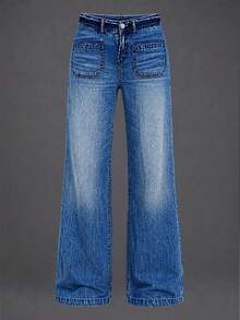 Comfortable Straight-Leg Jeans, Women's, Button Front, Long Casual Fit, Medium Stretch - Dark Wash - View 4