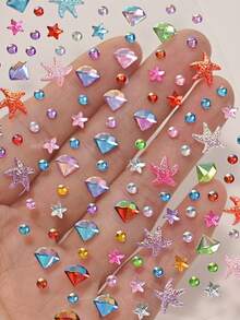 3D Shiny Star And Starfish Rhinestone Face Stickers, Iridescent Star Round Crystal Rhinestone Self-Adhesive Face Gems, Suitable For Music Festivals, Parties, DIY Body, Eye, Face Makeup Decoration - Multicolor - View 4