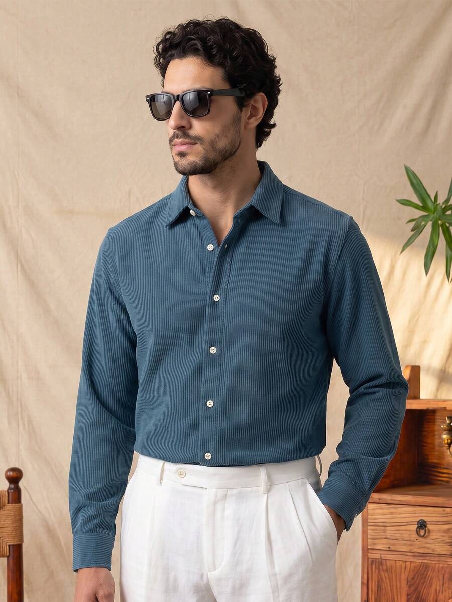 glestore Men's Retro-Style Solid-Color Long-Sleeve Casual Shirt: Corduroy, Suitable For Commuting, Leisure, And Vacations-A Versatile Style For All Seasons - Dusty Blue - View 1