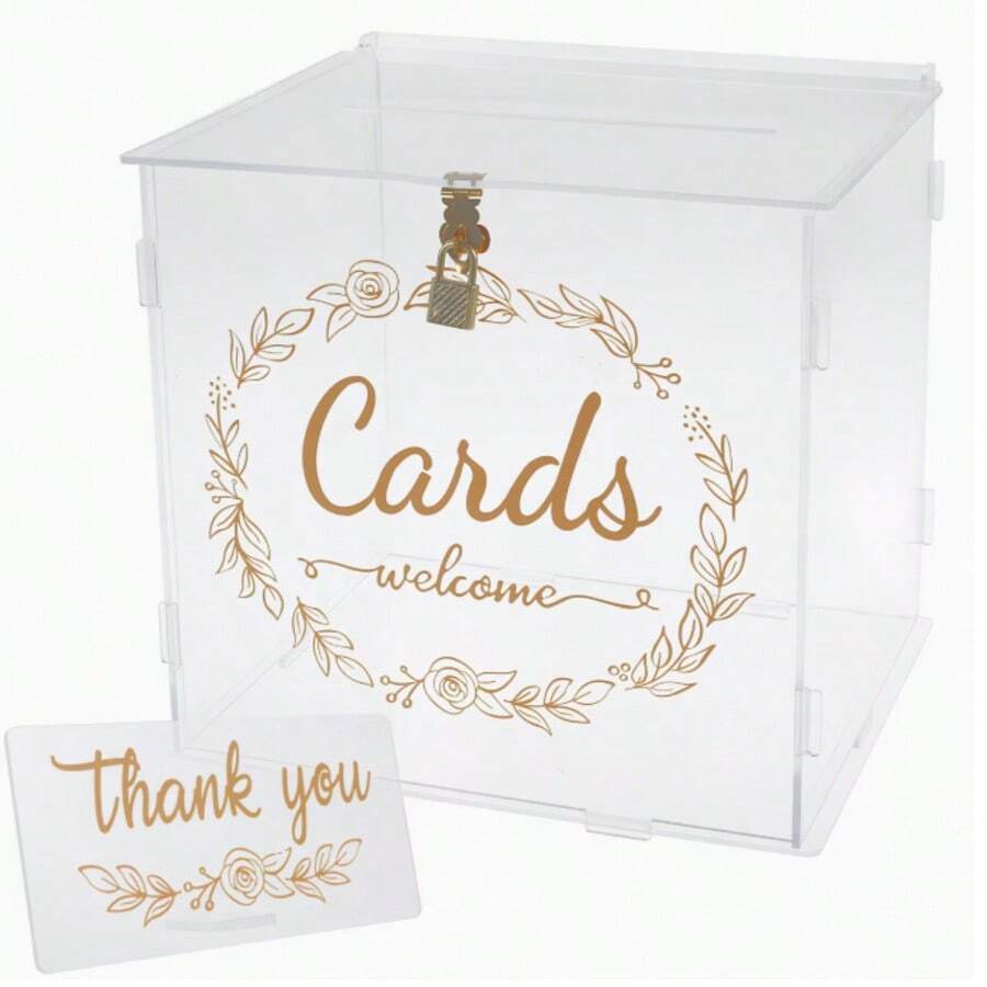 1 pieza Caja de tarjetas personalizada, caja de boda transparente con cerradura y ranura, soporte resistente, caja de colección de sobres de tarjetas de regalo decorativa, adecuada para ocasiones de boda - transparente - Ver 1