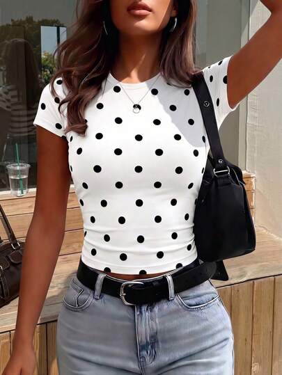 Women's Solid Color Round Neck Fashion Versatile Polka Dot Print Short Sleeve Pleated Casual T-Shirt Summer Style