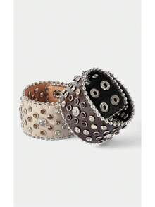 Noxbound 1pc Rhinestone Embellished Wide Retro Western Wasteland Biker Leather Cuff Bracelet - Bracelet - View 2