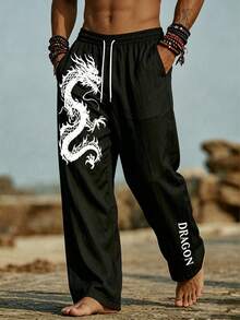 Men's Black Chinese Dragon Print Wide Leg Pants Elastic Drawstring Waist Loose Casual Trousers With Dragon Letter Graphic - Multicolor - View 2
