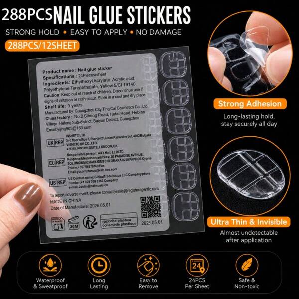 240pcs (10 Sheets) Waterproof Breathable Double-Sided Adhesive Tape Gel Stickers