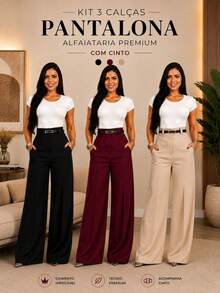 Kit 3 Women's Tailored Trousers With Belt - Black/Wine/Beige - View 5