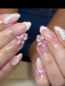 24 Peças Unhas Postiças Francesas de Amêndoa com Design Floral em Relevo 3D e Acentos de Bolinha de Aço, Adesivos de Unhas Removíveis de Aplicação Direta Elegantes e Luxuosos com Brilho, Adequados para Aniversário, Ação de Graças, Dia dos Namorados, Dia das Mães, Formatura, Festa, Conjunto de Roupas de Férias Inclui: 1 Peça de Cola de Gelatina e 1 Peça de Lixa de Unha. Pontas de Unhas de Verão Fazem Suas Pontas dos Dedos Brilharem e Atraírem, Perfeito para o Trabalho Diário e Ocasiões de Festa das Mulheres - Multicolorido - Visão 1