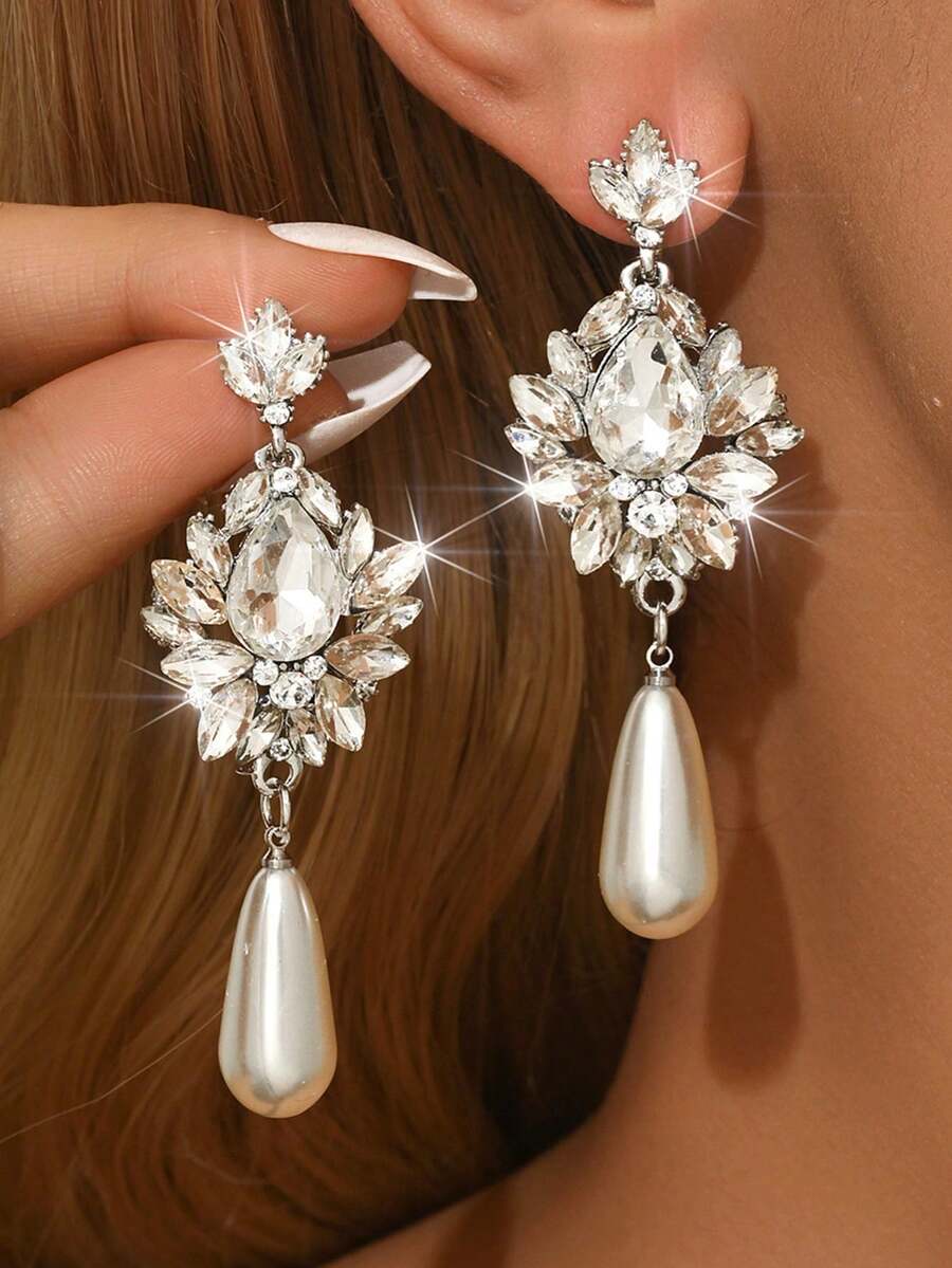 1 Pair Luxury Faux Pearl & Rhinestone Large Drop Earrings For Women, Suitable For Wedding, Banquet, Anniversary Wear - Silver - View 1