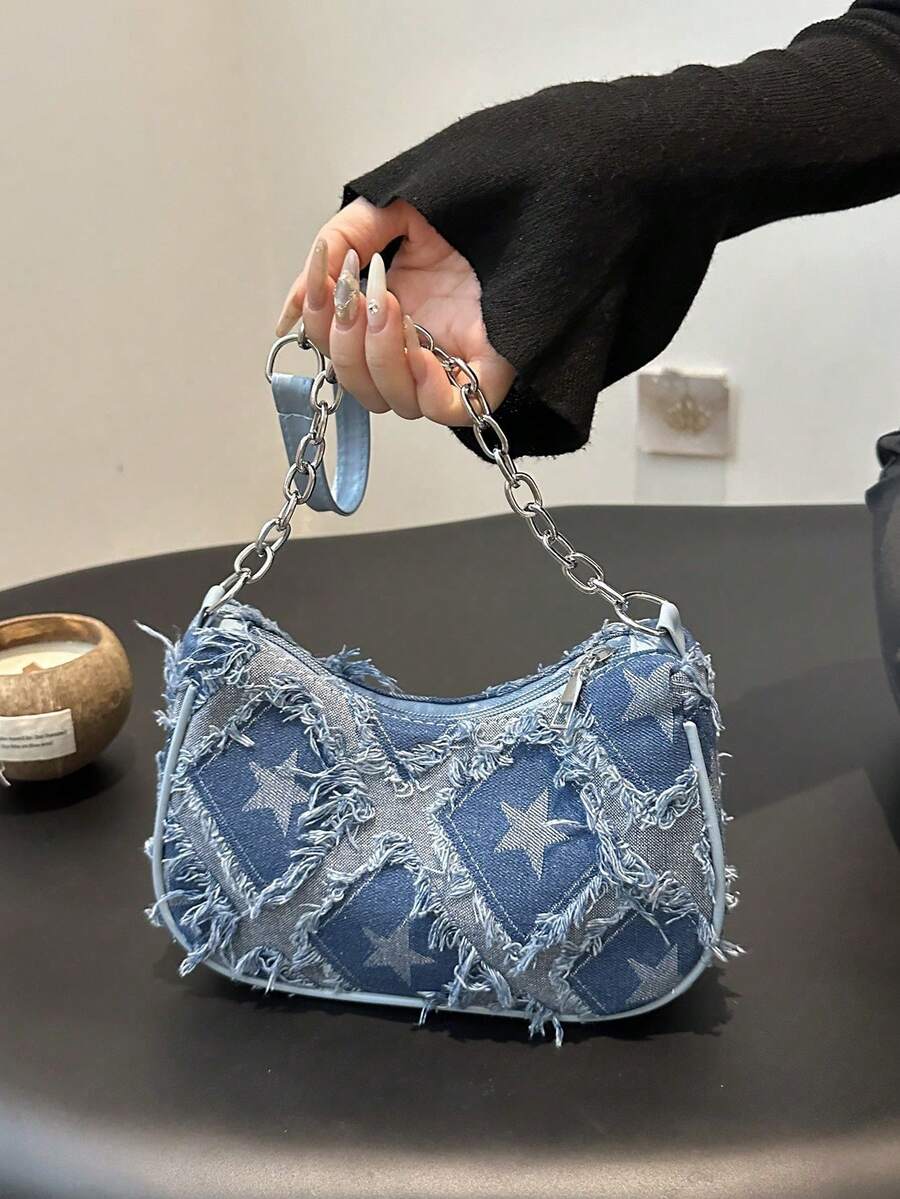 Decorative Buckle Detail Stitching Chain Strap Women's Shoulder Bag Street Fashion Bohemian Bag - Blue - View 1