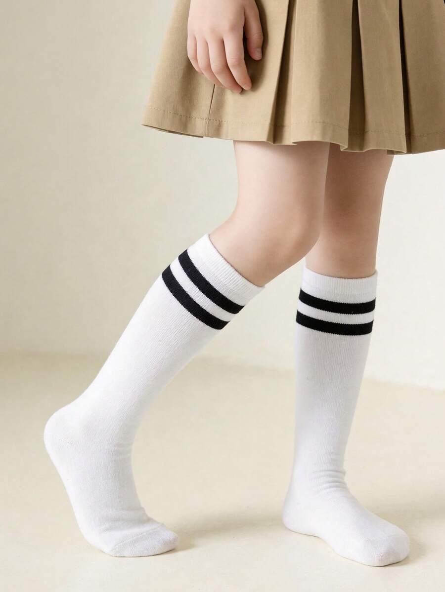 1雙兒童純棉白色膝高襪，學生襪，過膝中筒襪，雙條紋設計，適合男孩女孩，機能襪 - 白色 - 查看 1