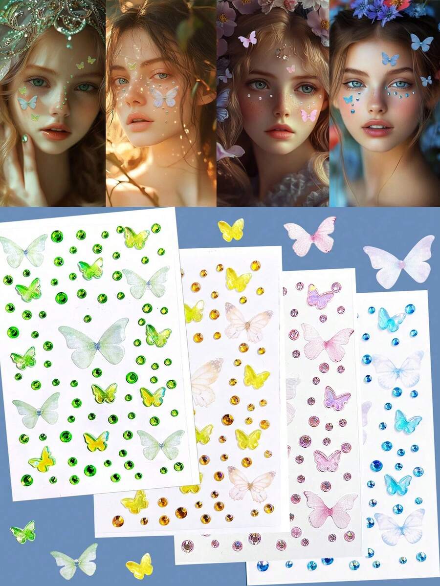 2 Peças Adesivos de Gema 3D com Strass em Formato de Coração e Borboleta, Maquiagem de Natal, Festa de Feriado, Festival de Música Estilo Y2K, Joias DIY para Olhos e Rosto, Joias Faciais Amarelo Verde Azul Rosa, Acessórios de Rave, Adequado para Apresentação de Dança, Lantejoulas Faciais, Acessórios de Halloween - Multicolorido - Visão 1