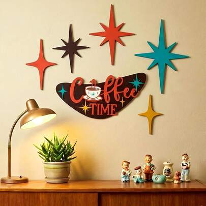 Set Of 6 Wooden Medieval Modern Atomic Star Wall Art, Perfect For Home Office Decor (Coffee Time)