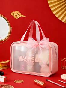 1PC Cute Bow Travel Makeup Bag Clear Cosmetic Organizer Waterproof Large Capacity Portable Toiletry Bag For Women Gift - Pink - View 2