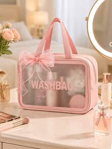 1PC Cute Bow Travel Makeup Bag Clear Cosmetic Organizer Waterproof Large Capacity Portable Toiletry Bag For Women Gift - Pink - View 8