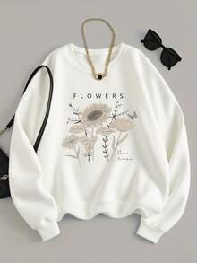 Women's Cotton Blend Lightweight Crewneck Sweatshirt Floral Flower Graphic All Seasons Casual Outdoor Daily Wear - White - View 1