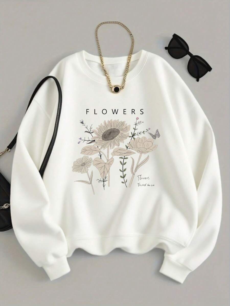 Women's Cotton Blend Lightweight Crewneck Sweatshirt Floral Flower Graphic All Seasons Casual Outdoor Daily Wear - White - View 1