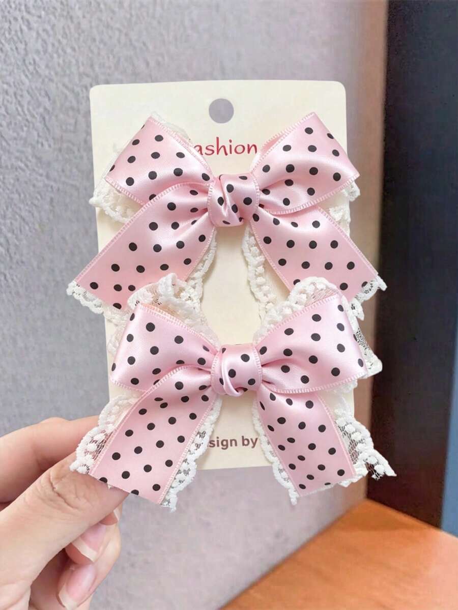 2件組 春夏款網紗蕾絲珍珠蝴蝶結日常百搭髮夾 - 粉色 - 查看 1