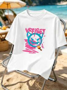 Men's T-Shirt With Beach Cat Print For Autumn, 100% Cotton, Loose Fit, Casual, Breathable. - White - View 2