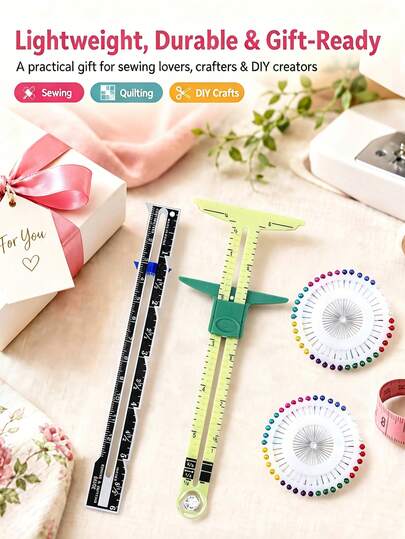 4pcs Sewing Gauge Measuring Tool Set, 5-In-1 Seam Gauge Ruler & Sliding Marker, T-Shaped Measuring Tool, Fabric Quilting Ruler For Sewing, Quilting, Knitting, Crafting, Button Hole Marking, Hem Guide