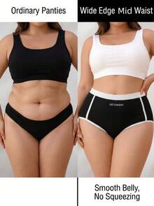 4 Stücke Damen-Boxershorts in Große Größen aus Baumwolle mit Rippstrick, kontrastierendem Saum und Buchstabenprint, mittlere Taille, einfarbige Basic-Unterwäsche für den Alltag - Verschiedenfarbig - Übersicht 5