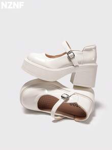 NZNF Women's Solid Color Academy Style PU Shoes With Buckle Strap, Thick Sole And Chunky Heel, Daily Commute Shoes - White - View 5