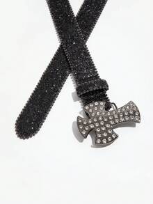 1 pieza Cinturón de con cruz de strass, estilo punk denim rock Y2K, con estrella y strass incrustado, accesorio versátil para jeans, adecuado para uso diario - Negro - Cruz de diamantes de imitación - Ver 3