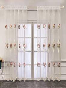 1 pieza Cortina blanca semitransparente con estilo de bolsillo para barra, bordada con rosas frescas, para ventana de bahía y ventana de piso a techo - Multicolor - Ver 5