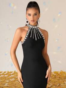 Love Aing Black Sleeveless Bandage Maxi Dress Hand Sparkle Rhinestone, Luxury Evening Gown For Party Wedding Guest Stage & Autumn - Black - View 13