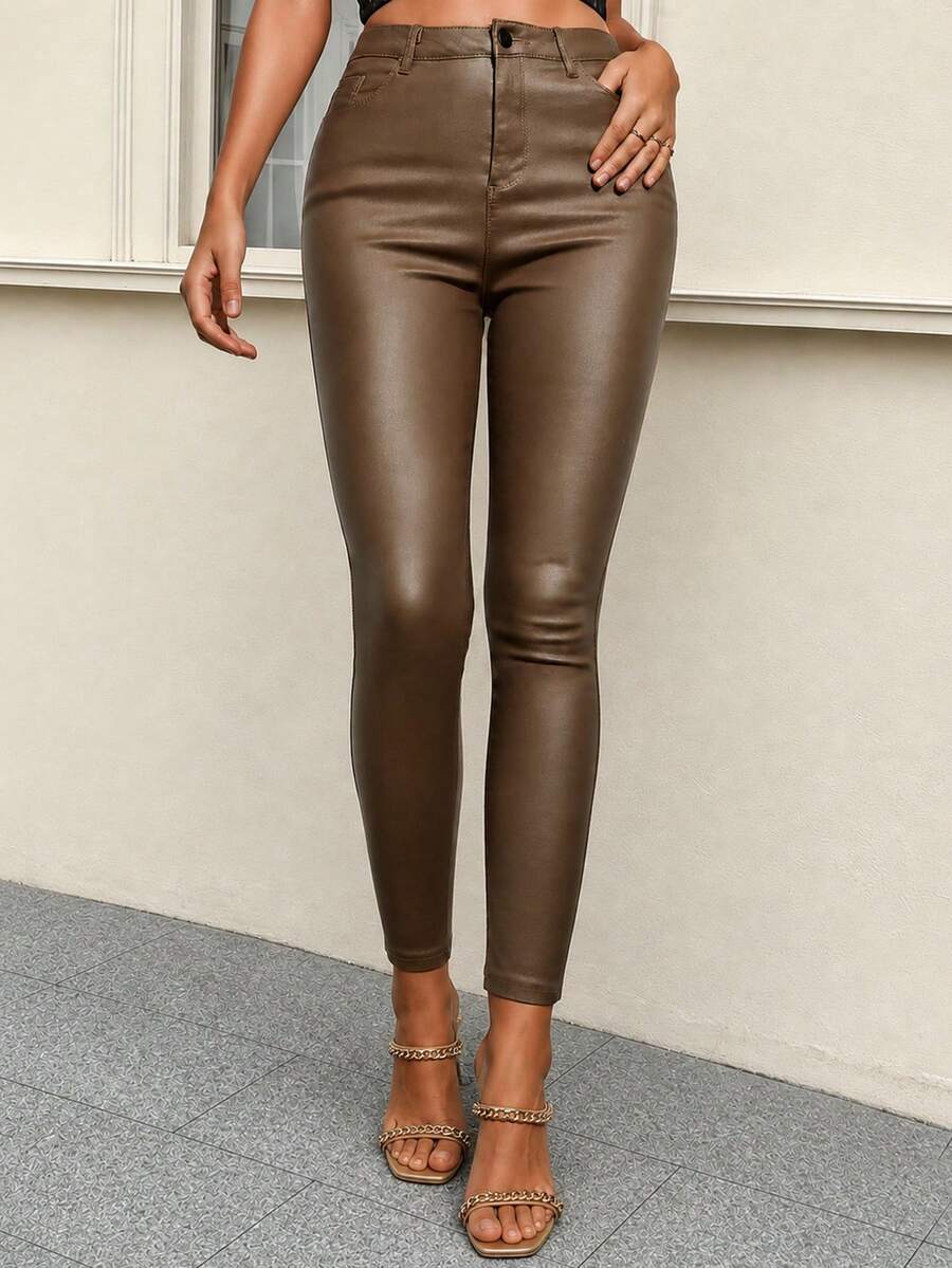 Apperloth A Solid Color High Waist PU Leather Skinny Pants, Punk Music Festival Fall - Ginger - View 1