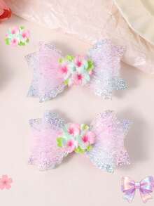 2pcs Glitter Tulle Hair Bows For Girls 3D Colorful Flower Decor Ribbon Alligator Clip Sweet Princess Daily Hair Clips Teens Hair Accessories - Multicolor - View 1