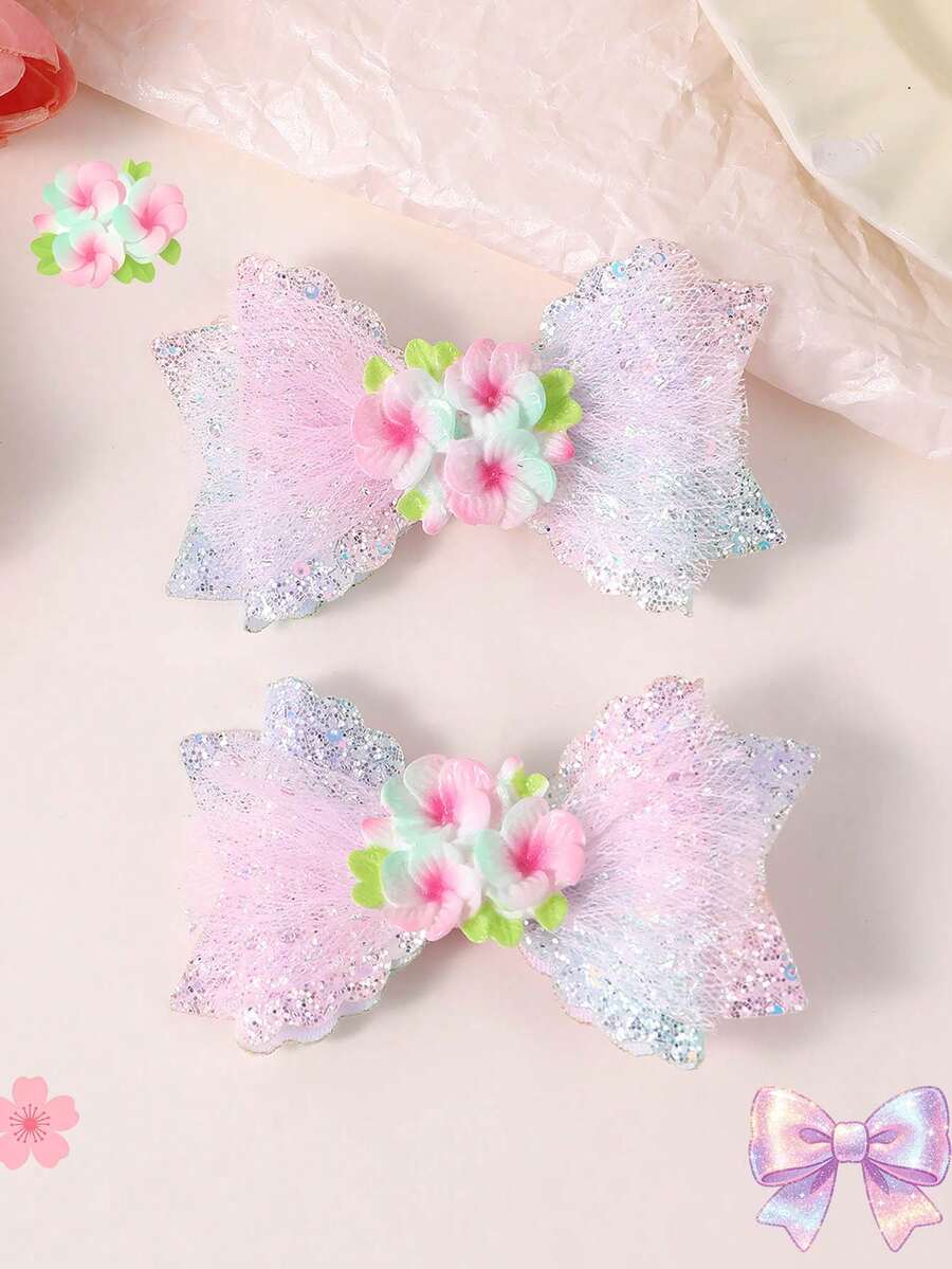 2pcs Glitter Tulle Hair Bows For Girls 3D Colorful Flower Decor Ribbon Alligator Clip Sweet Princess Daily Hair Clips Teens Hair Accessories - Multicolor - View 1