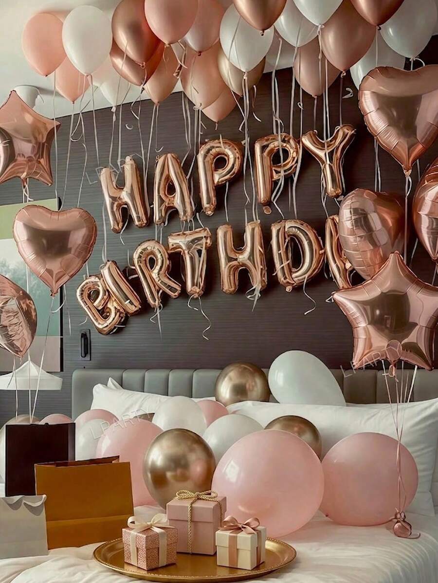46件組玫瑰金甜美生日派對裝飾氣球,16英吋玫瑰金「HAPPY BIRTHDAY」橫幅氣球,玫瑰金心形/星形氣球,玫瑰金/金色/白色/粉色乳膠氣球,週年紀念 - 彩色 - 查看 1