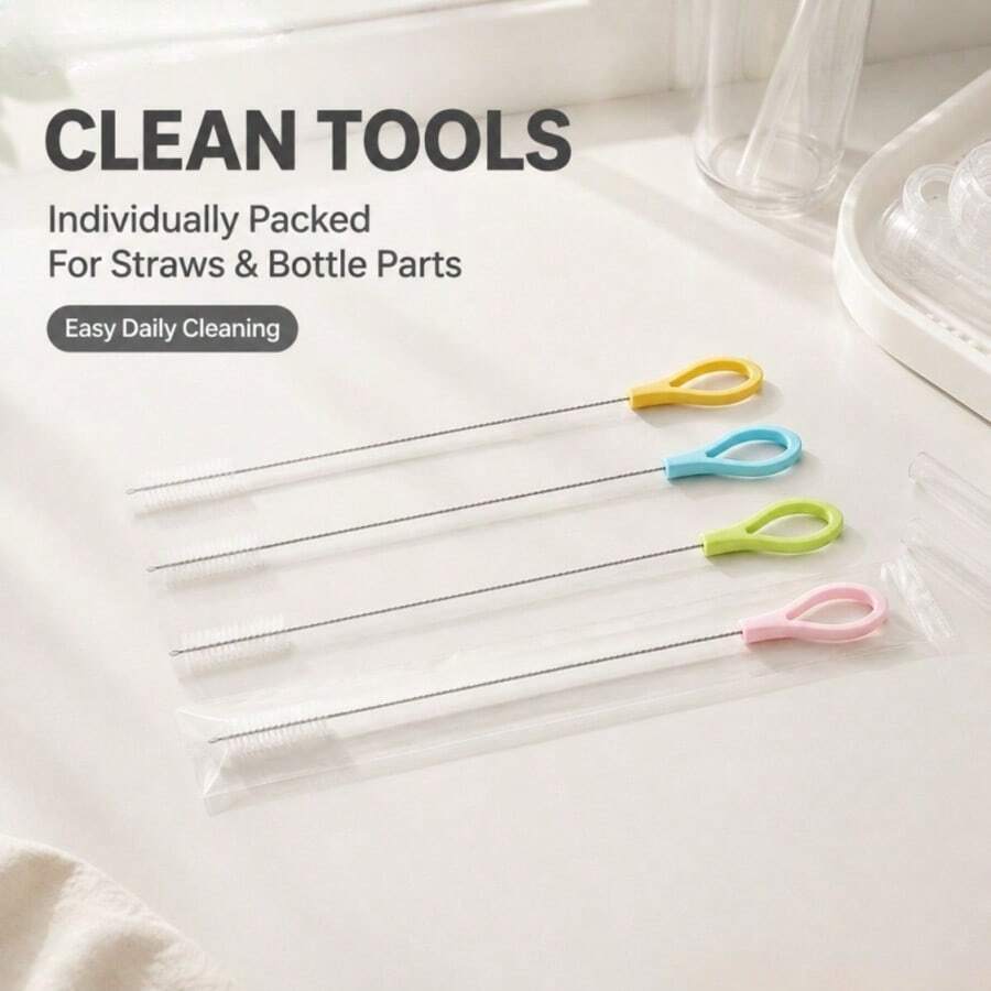 10pcs Stainless Steel Straw Cleaning Brush Set, Nylon Bristle Bottle Brush, Individually Packaged, Suitable For Straws, Baby Bottles, Sippy Cups, Travel Mugs, Water Bottles And Small Tubes, Portable Home Kitchen Cleaning Tools, Back To School Supplies