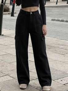 Women's Casual All-Match Mid-Rise Straight Leg Work Jeans Black - Black - View 8