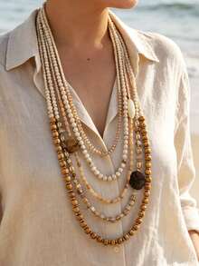 1pc Women's Vintage Bohemian Beach Vacation Style Geometric Multi-Layer Beaded Long Necklace - 1 Vintage Geometric Multi-layered Beaded Long Necklace - View 6