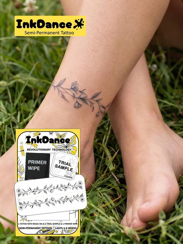 1 Kit "Botanical Vine" New Technology Tattoo Sticker, Semi-Permanent, Floral Anklet, Fine-Line, Delicate, Wrap-Around, Leaves, Temporary Tattoo, Fake Tattoo, Waterproof & Long-Lasting Realistic Design, Plant-Based Formula, InkDance, Ink Dance D064