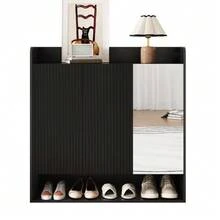 Shoe Cabinet With Black, Vertically Striped Structure, Shoe Cabinet For The Entryway With Full-Length Mirror, Multi-Tier Shoe Rack With Large Capacity - 黑色 - 查看 1