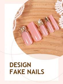 12pcs French Press-On Nails, Rectangular Design, Decorated With Large 3D Gold Glitter, Luxury Y2K Style, Smooth Surface, Full Coverage, Suitable For Women And Girls Daily Wear - Multicolor - View 3