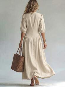 Solid Beige Full Front Button Decor Deep V-Neck Puff 3/4 Sleeve Shirt Dress, Suitable For Beach Vacation, Summer Holiday Party, Autumn, Bohemian Style - Apricot - View 7