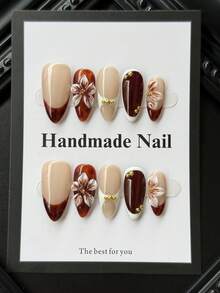 10pcs Handmade Acrylic Press-On Nails, Brown Almond Shape, French Style Design With Floral Elements, Suitable For Women's Daily Wear - 棕色 - 查看 1