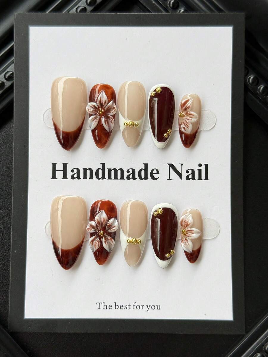 10pcs Handmade Acrylic Press-On Nails, Brown Almond Shape, French Style Design With Floral Elements, Suitable For Women's Daily Wear - 棕色 - 查看 1