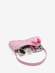 1pc Women's Vintage Vacation Marine Life Floral Beaded Sequin Mesh Faux Fur Tail Woven Pendant Shoulder Underarm Baguette Bag Suitable For Dating, Outing, Vacation, Party (Random Pattern) - Pink - View 5