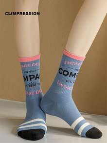 CLIMPRESSION Women's Soft Cotton Letter Print Mid-Calf Socks, Back To School Casual Sports Socks, Suitable For Teenage Girls Daily Wear - Blue - View 5