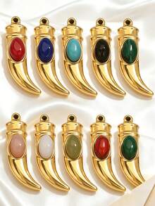 1Pc/3Pcs Gold Plated Stainless Steel Horn Pendant With Natural Stone, Vintage Boho Style, Tarnish Resistant For DIY Jewelry Making Findings - Pendants - View 5